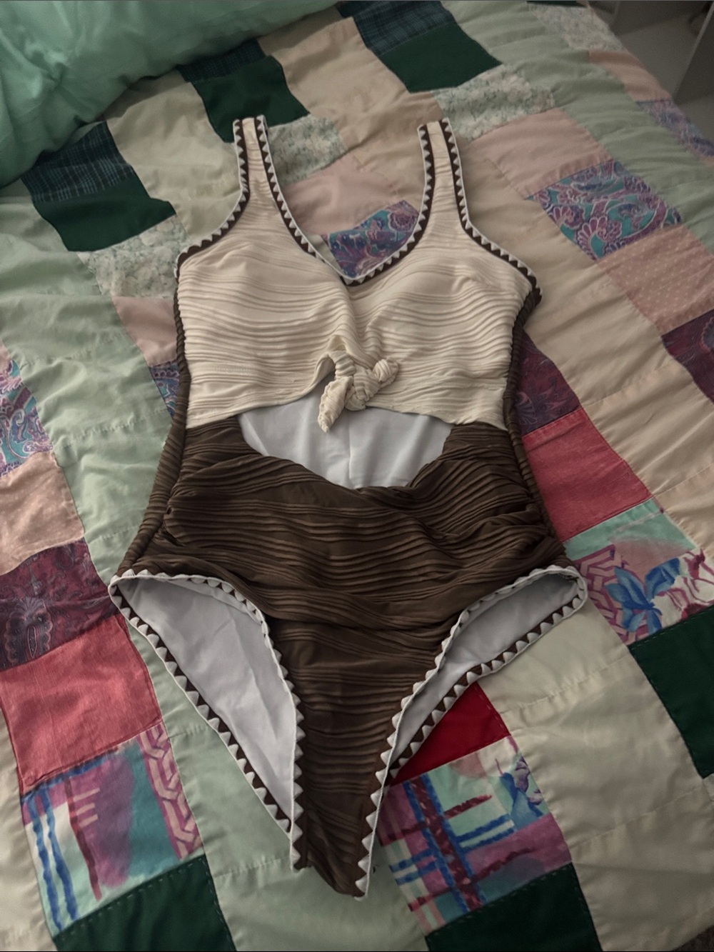 Cream and Brown Textured One-Piece Swimsuit with Front Tie